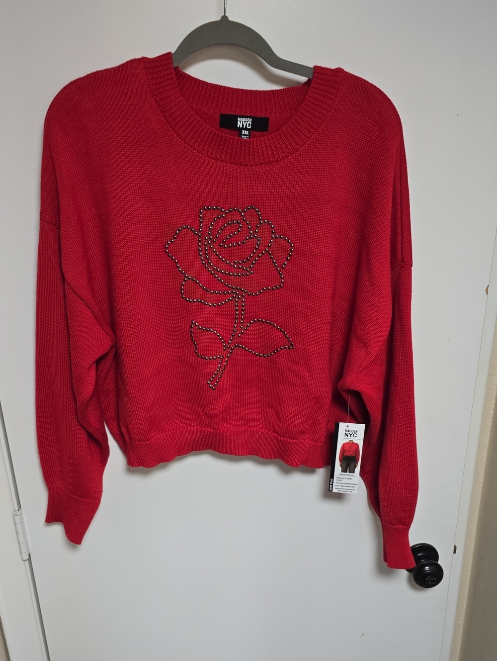 Madden NYC Red Rose Stud Embellished Crewneck Sweater